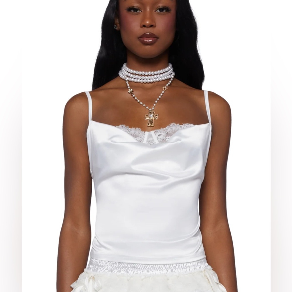 Sugar Thrillz White Satin Top with Lace - Size Small NWT